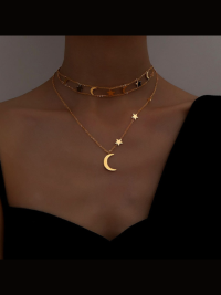 « Adorn the Night Sky: Exploring the Star and Moon Double Layer Gold Plated Stainless Steel Choker Necklace Set by Adeline »